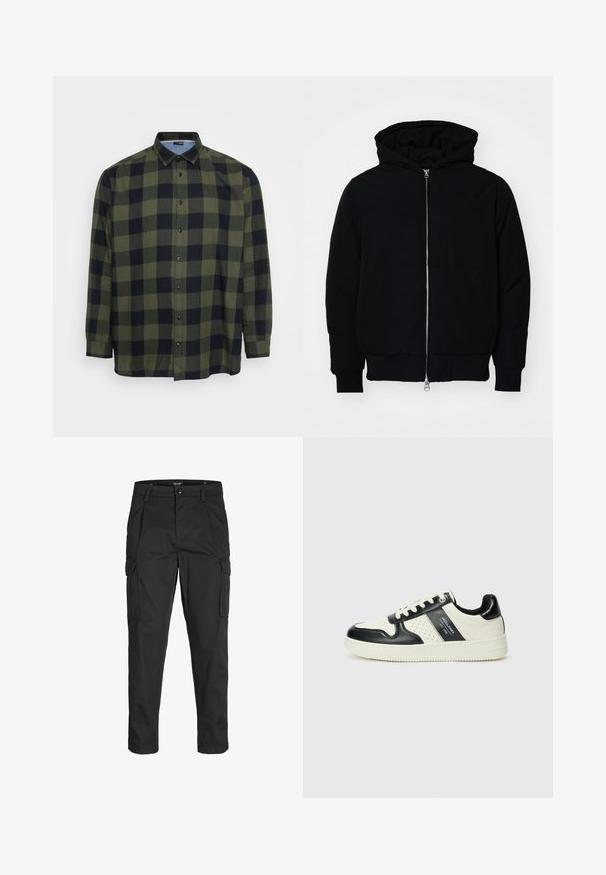 Veste à capuche noire avec fermeture éclair sur le devant, poche kangourou, poignets et ourlet côtelés, présentée sur un fond blanc uni.; Chemise à carreaux verts et noirs avec des manches longues, un devant boutonné et un col classique. Fabriquée en tissu léger avec une texture lisse.; Pantalons cargo noirs en tissu résistant, dotés de plusieurs poches, d'une fermeture par bouton et d'une coupe slim avec des jambes fuselées.; Baskets en cuir avec un schéma de couleurs noir et crème, dotées d'accents perforés, d'un col rembourré et d'une semelle texturée.