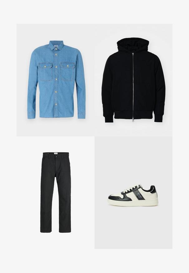 Čierna kapucňová bunda s predným zipsom, klokaními vreckami, rebrovanými manžetami a lemom, zobrazená na bielom pozadí.; Svetlomodrá džínová košeľa s dlhými rukávmi, zapínanie na gombíky, dve náprsné vrecká, špicatý golier a zlaté gombíky. Hladká textúra, neformálny dizajn.; Čierne nohavice vyrobené z odolného materiálu, s rovnými nohavicami, prešitými detailmi a dvoma prednými vreckami pre väčšiu funkčnosť.; Kožené tenisky v čierno-krémovej farbe, s perforovanými akcentmi, polstrovaným golierom a štruktúrovanou podrážkou.
