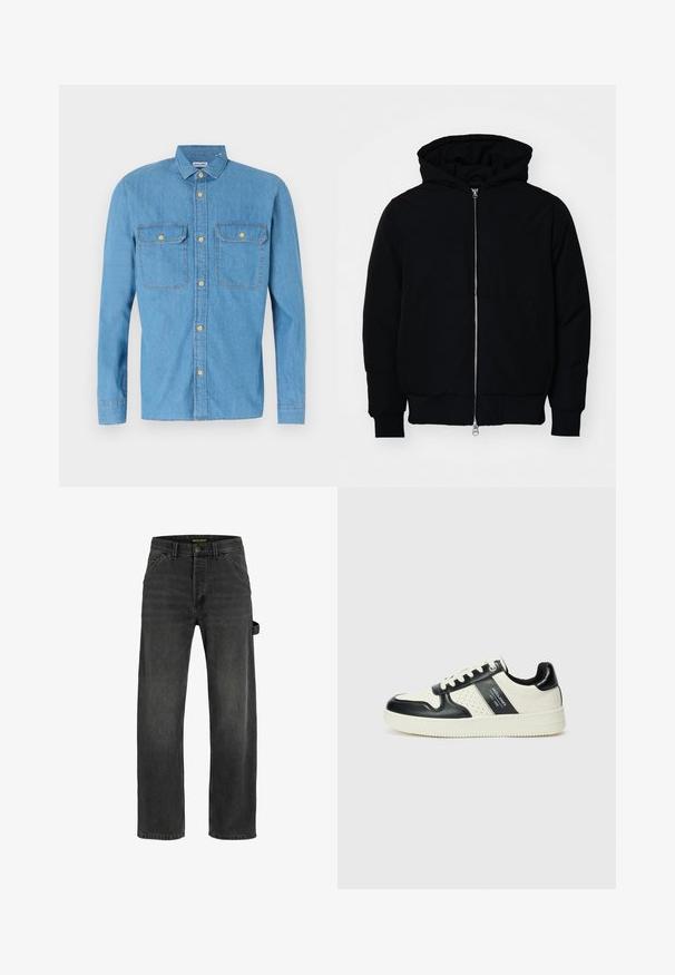 Sort hættejakke med frontlynlås, kængurulomme, ribbede manchetter og kant, præsenteret på en ensfarvet hvid baggrund.; Lysblå denimskjorte med lange ærmer, knaplukning foran, to brystlommer, spids krave og gyldne knapper. Glat tekstur, afslappet design.; Mørk grå denim jeans med lige pasform, fem lommer, metalknaplukning og detaljer med sideliv.; Lædersneakers i sort og creme farveskema, med perforerede detaljer, en polstret krave og en struktureret ydersål.