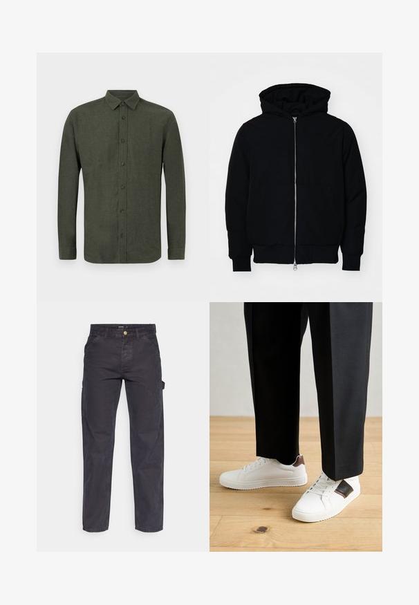 Veste à capuche noire avec fermeture éclair sur le devant, poche kangourou, poignets et ourlet côtelés, présentée sur un fond blanc uni.; Chemise à manches longues vert foncé avec col, présentée à plat sur fond blanc.; Pantalons cargo gris foncé en tissu durable, avec une coupe droite, cinq poches et une fermeture à bouton à la taille.; Des sneakers blanches au texture lisse, avec des accents en cuir marron et des détails noirs, assorties à un pantalon noir ajusté. Fond en parquet.