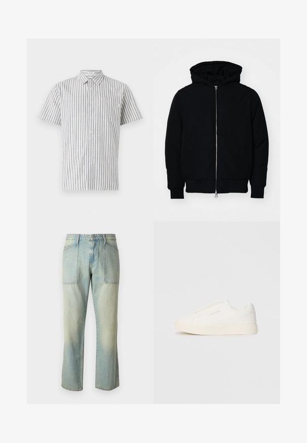 Mustaga kapuutsiga jakk, millel on esineed, kenguru tasku, soonikkoes, ja alläär, esitatud lihtsal valgel taustal.; Lühikese varrukaga nööpidega pluus valgete ja siniste vertikaalsete triipudega, millel on rinnatasku ja klassikaline krae. Puuvilla segukangas.; Hele sinine denimist teksad sirge säärega, nähtavate õmblustega ja kahe suuri esikotti. Kude on pleekinud tekstuuriga.; Valged libisemiskindlad tossud tekstuuriga pinnaga, paksu tallaga ja minimalistikus disainis. Küljel on brändi logo.