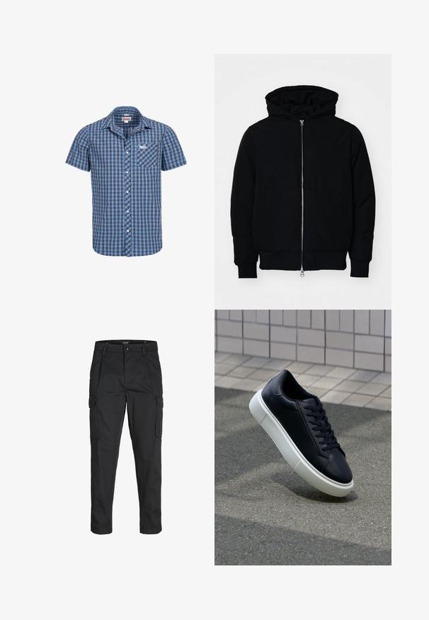 Mustaga kapuutsiga jakk, millel on esineed, kenguru tasku, soonikkoes, ja alläär, esitatud lihtsal valgel taustal.; Lühikeste varrukatega särk sinise ja musta ruudulise mustriga. Ees on tasku ja rinnal logo. Valmistatud puuvillaste kangast.; Mustad mustapõlvik, mis on valmistatud tugeva koe kasutades, sisaldab mitmeid taskuid, nupule kinnitatav sulgemine ja kitsenev disain.; Mustast nahast tennisetoss, millel on ümar nina ja valge kummist tall. Omab siredaid paelu ja minimaalset õmblemist ülemises osas. Tekstuuriga tald, mis tagab haakuvuse.