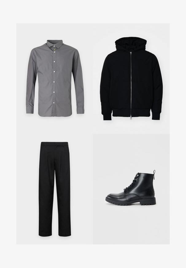 Jachetă neagră cu glugă, cu fermoar în față, buzunar tip kangaroo, mansete și tiv ribbed, prezentată pe un fundal alb simplu.; Cămașă gri cu mânecă lungă dintr-un amestec de bumbac, cu guler clasic, închidere cu butoane și butoane albe lucioase de-a lungul închiderii.; Pantaloni negri dintr-un material neted, cu un design drept, două pliuri frontale și un tiv standard cu bucle pentru curea.; Botine negre din piele cu vârful rotund, șireturi în față și detalii cusute. Au un tab de prindere în spate și o talpă din cauciuc texturată.