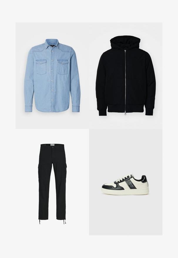 Sort hættejakke med frontlynlås, kængurulomme, ribbede manchetter og kant, præsenteret på en ensfarvet hvid baggrund.; Lyseblå denimskjorte med lange ærmer, to brystlommer, knaplukning foran og en klassisk krave med hvide syninger.; Sorte cargo bukser med lige snit, der har sidelommer, knaplukning og elastiske snore ved anklerne. Fremstillet af slidstærkt stof.; Lædersneakers i sort og creme farveskema, med perforerede detaljer, en polstret krave og en struktureret ydersål.