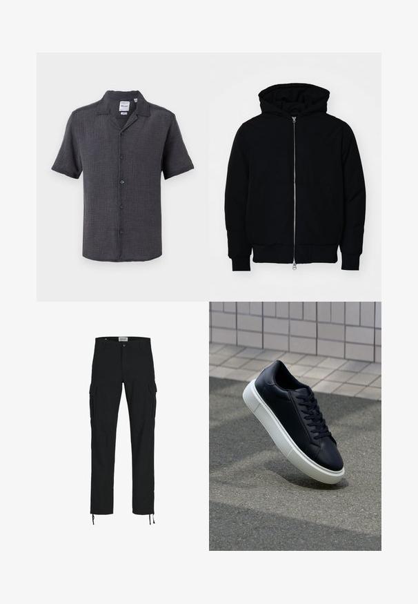 Juodas gobtuvėlis su priekiniu užtrauktuku, kengūros tipo kišene, lygiais rankogaliais ir apvadu, pateiktas ant vientiso balto fono.; Tamsiai pilkas trumpomis rankovėmis marškinis, pagamintas iš tekstūruotos medžiagos. Su apykakle ir penkiais mygtukais priekyje.; Juodos krovinių kelnės su tiesiu kirpimu, turinčios šonines kišenes, sagų užsegimą ir elastingas raišteles kulkšnose. Pagamintos iš tvirto audinio.; Juodas odinis sportbačius su apvaliu pirštu ir baltu gumuotu padu. Turi plokščias raišteles ir minimalų siuvimą viršuje. Padangos tekstūra užtikrina sukibimą.