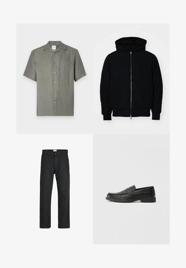 Giacca nera con cappuccio, dotata di zip frontale, tasca a marsupio, polsini e orlo a coste, esposta su uno sfondo bianco semplice.; Camicia button-up a maniche corte in tessuto verde oliva tenue. Caratterizzata da un colletto classico, sette bottoni frontali e una vestibilità rilassata. Tessuto morbido.; Pantaloni neri realizzati in tessuto resistente, caratterizzati da un design a gamba dritta, dettagli cuciti e due tasche frontali per la funzionalità.; Mocassini neri in pelle con una finitura liscia, parte superiore in stile mocassino, dettagli cuciti e suola in gomma. Design classico con tacco basso.