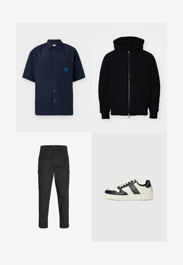 Fekete kapucnis dzseki elülső cipzárral, kenguruzsebbel, bordázott mandzsettákkal és aba, egy sima fehér háttér előtt.; Sötétkék, rövid ujjú gombos ing, könnyű anyagból készült, mellzsebbel, amelyen egy teazöld GAP logó található.; Fekete cargo nadrág, amely tartós anyagból készült, több zsebet tartalmaz, gombos záródással rendelkezik, és karcsú szabású, szűkített lábakkal bír.; Fekete és krém színű bőrsneaker, perforált díszítésekkel, párnázott bokapánttal és texturált talppal.