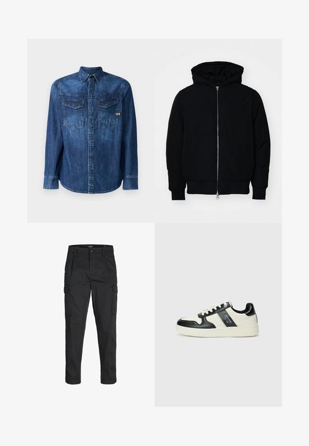Czarna kurtka z kapturem, z suwakiem z przodu, kieszenią kangurką, ściągaczami przy mankietach i dolnym brzegu, prezentowana na jednolitym białym tle.; Koszula dżinsowa, ciemnoniebieska, z długim rękawem, zapinana na guziki z przodu, dwie kieszenie na piersi z klapką, metka marki na dolnym lewym boku, standardowy kołnierzyk.; Czarne spodnie cargo wykonane z wytrzymałego materiału, z wieloma kieszeniami, zapięciem na guzik oraz zwężanym krojem nogawek.; Skórzane sneakersy w czarno-kremowym schemacie kolorystycznym, z perforowanymi akcentami, wyściełanym kołnierzem i teksturowaną podeszwą.