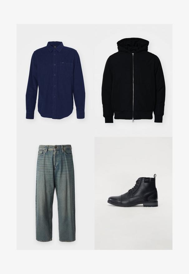 Juodas gobtuvėlis su priekiniu užtrauktuku, kengūros tipo kišene, lygiais rankogaliais ir apvadu, pateiktas ant vientiso balto fono.; Tamsiai mėlynas velveto marškiniai su ilgomis rankovėmis, mygtukų užsegimu, priekyje kišene ir subtiliu tekstūros akcentu. Yra prekės ženklą žymintis etiketė prie apykaklės.; Šviesiai mėlyni džinsai su laisvu siluetu, vidutinio aukščio juosmeniu ir tiesiomis kojomis. Su penkiais kišenėmis, diržo kilpo ir mygtukų uždarymu.; Juodos odinės kulkšninių batų su raišteliais priekyje, apvaliu pirštu, plokščiu guminiu padu ir mažu užtrauktuku gale. Šone yra subtilus logotipas.