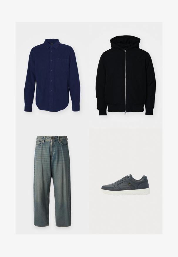 Melna kapucēta jaka ar priekšējo rāvējslēdzēju, kenguru kabatu, ribinātām aprocēm un apakšmalu, parādīta uz vienkārša balta fona.; Tumši zila korduroja krekls ar garām piedurknēm, pogu leju apvalku, priekšējo kabatu un smalku tekstūras detaļu. Iespējas ar zīmola etiķeti pie apvalka.; Gaiši zili džinsi ar brīvu piegriezumu, vidējo jostas augstumu un taisnām kājām. Satur piecas kabatas, jostas cilpas un pogu aizdari.; Tumši pelēki zemi tenisa apavi ar baltu zoli, saistošs dizains, teksturēts sānu panelis un dzeltena "Lee" zīmola apzīmējums sānos.