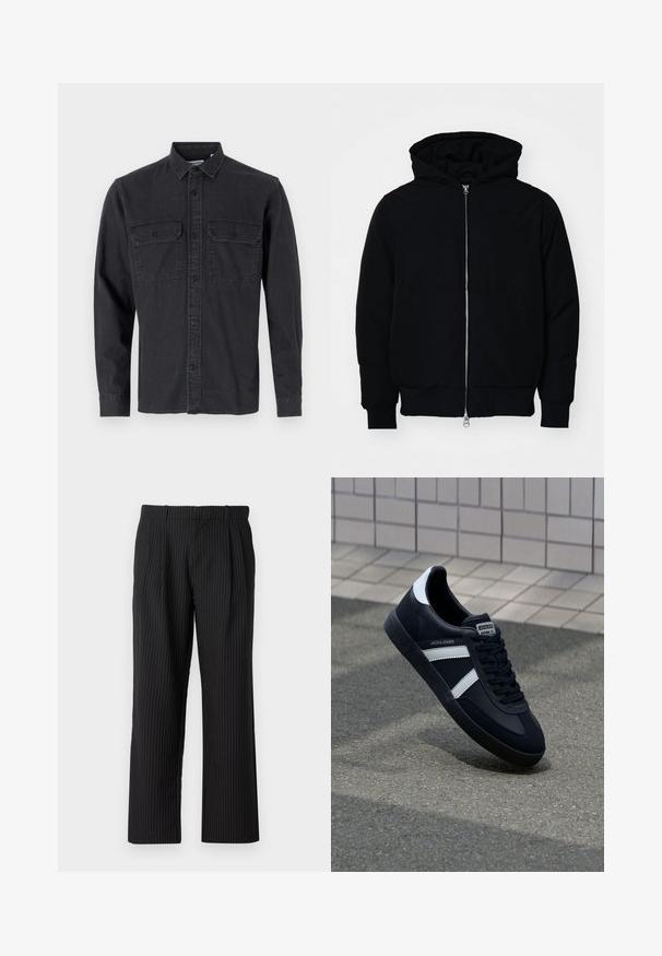 Jachetă neagră cu glugă, cu fermoar în față, buzunar tip kangaroo, mansete și tiv ribbed, prezentată pe un fundal alb simplu.; Cămașă cu mâneci lungi, gri închis, cu nasturi, fabricată dintr-un amestec de bumbac, având două buzunare pe piept și un design clasic al gulerului.; Tricou negru din bumbac, cu mâneci scurte. Prezintă un logo verde "ROOTS" pe față, guler rotund și o potrivire standard.; Jack & Jones JPSTBILL JJDAYTONA WIDE - Pantaloni - black; Sneaker din piele neagră cu dungi albe, talpă din cauciuc texturat și șireturi. Prezintă un eticheta de marcă pe limbă.
