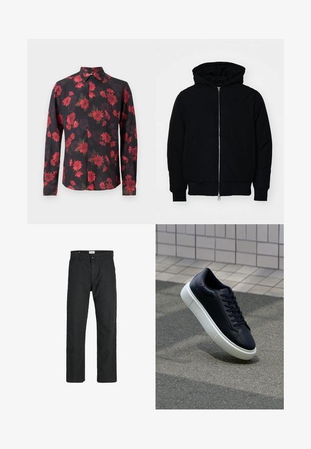 Črna kapuca jakna s sprednjim zadrgo, kenguru žepom, rebrastimi manšetami in hemom, razstavljena na enostavni beli ozadju.; Črna dolgih rokavov srajca z rdečim cvetličnim vzorcem, z gumbnim ovratnikom in sprednjo zadrgo. Lahka tkanina z gladko teksturo.; Črne hlače iz trpežnega materiala, s krojem naravnih nog, našitki ter dvema sprednjima žepoma za funkcionalnost.; Črne usnjene superge z zaobljenim prstom in belim gumijastim podplat. Imajo ravne vezalke in minimalno šivanje na zgornjem delu. Teksturirani podplat za oprijem.