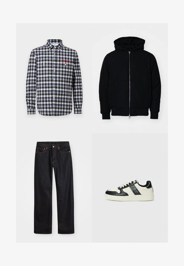 Juodas gobtuvėlis su priekiniu užtrauktuku, kengūros tipo kišene, lygiais rankogaliais ir apvadu, pateiktas ant vientiso balto fono.; Vyriška marškiniai su mygtukais, mėlynos ir baltos languotos spalvos, su dviem krūtinės kišenėmis, įprastu apykaklės dizainu ir raudonais siuvinėjimo akcentais.; Vyrų tiesaus kirpimo juodi džinsai iš denim medžiagos, su penkiomis kišenėmis ir oranžinėmis siūlėmis, su mygtuko ir užtrauktuko uždarymu ant priekio.; Odiniai sportbačiai juodos ir kreminės spalvų schemoje, su perforuotais akcentais, paminkštinta apykakle ir tekstūruotu padu.