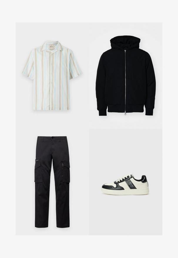Crna kapuška jakna s prednjim zatvaračem, kenguru džepom, rebrastim manžetama i rubom, prikazana na običnoj bijeloj pozadini.; Košulja kratkih rukava s dugmadi, s vertikalnim prugama u svijetloplavoj, bež i bijeloj boji. Mekani materijal s opuštenim krojem i klasičnom kragnom.; Crne cargo hlače s više džepova, zatvorenim džepom na bedru, ravnog kroja i čvrstog pamuka s blagim sjajem.; Kožne tenisice s crno-bijelom paletom boja, koje imaju perforirane akcentne detalje, podstavljeni ovratnik i teksturiranu potplat.