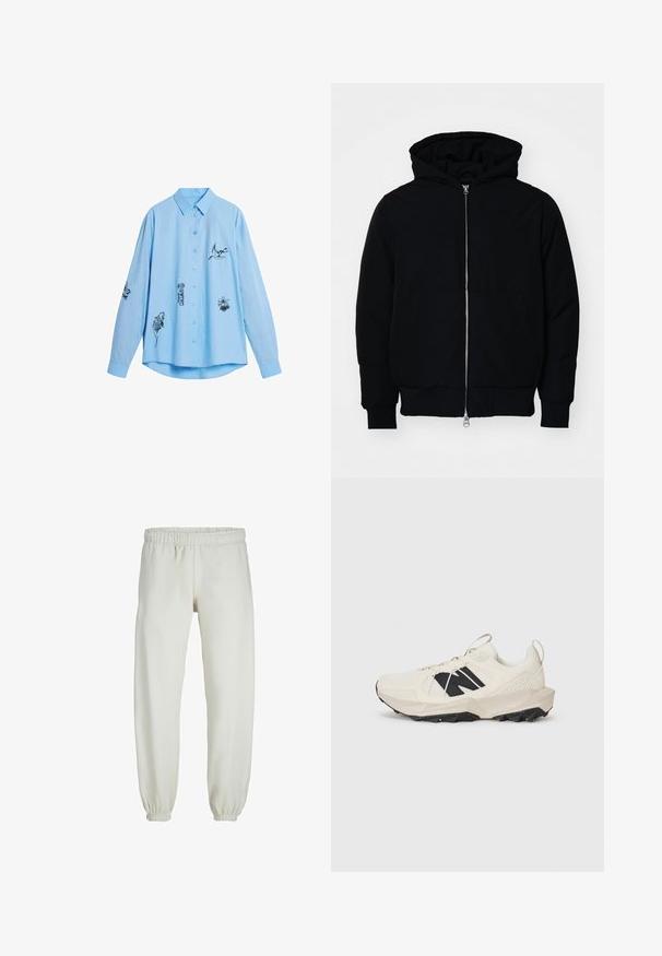 Giacca nera con cappuccio, dotata di zip frontale, tasca a marsupio, polsini e orlo a coste, esposta su uno sfondo bianco semplice.; Camicia a maniche lunghe azzurro chiaro in cotone con disegni di animali ricamati in nero sulla parte frontale e sulle maniche. Presenta un colletto con bottoni.; Pantaloni tuta bianchi realizzati in tessuto morbido, dotati di vita e polsini elastici, con una texture liscia e una vestibilità ampia.; Sneaker beige chiaro con tomaia in rete, logo nero e suola testurizzata. Accompagnato da un motivo geometrico sulla suola intermedia.