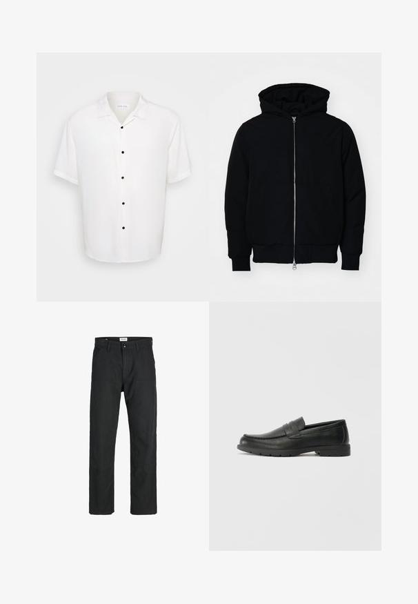 Fekete kapucnis dzseki elülső cipzárral, kenguruzsebbel, bordázott mandzsettákkal és aba, egy sima fehér háttér előtt.; Fehér, rövid ujjú ing, galléros nyakkal és öt fekete gombbal elöl, sima, könnyű anyagból.; Fekete nadrág tartós anyagból, egyenes szárú kialakítással, varrott díszítésekkel és két elülső zsebbel a funkciók érdekében.; Fekete bőr mokaszinok sima felülettel, a mokaszin stílusú felsőrésszel, varrott részletezéssel és gumitalppal. Klasszikus dizájn alacsony sarokkal.
