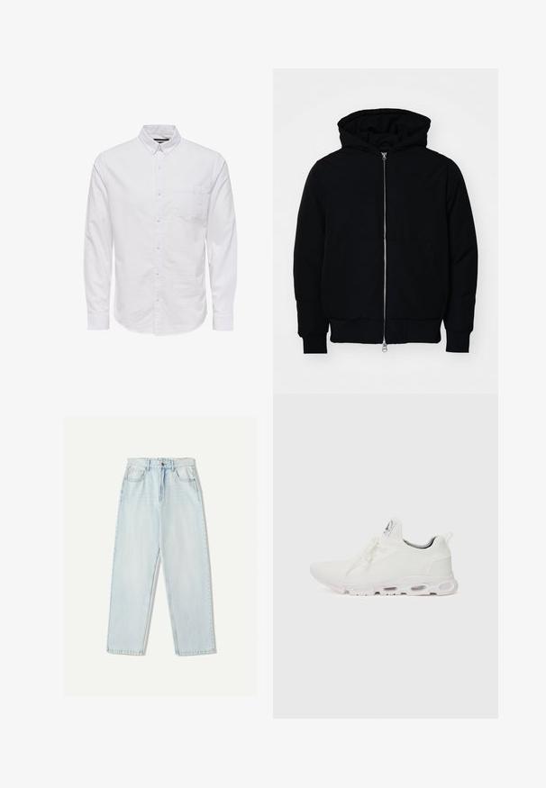 Black hooded jacket with front zipper, kangaroo pocket, ribbed cuffs, and hem, displayed on a plain white background.; White long-sleeve button-up shirt made of cotton, featuring a collar, front buttons, and a single chest pocket. Smooth texture.; Light blue denim jeans with a relaxed fit, straight leg design, five-pocket styling, and subtle fading on the fabric.; White athletic shoes featuring a textured knit upper, flat laces, and a cushioned sole with visible air chambers for added support.