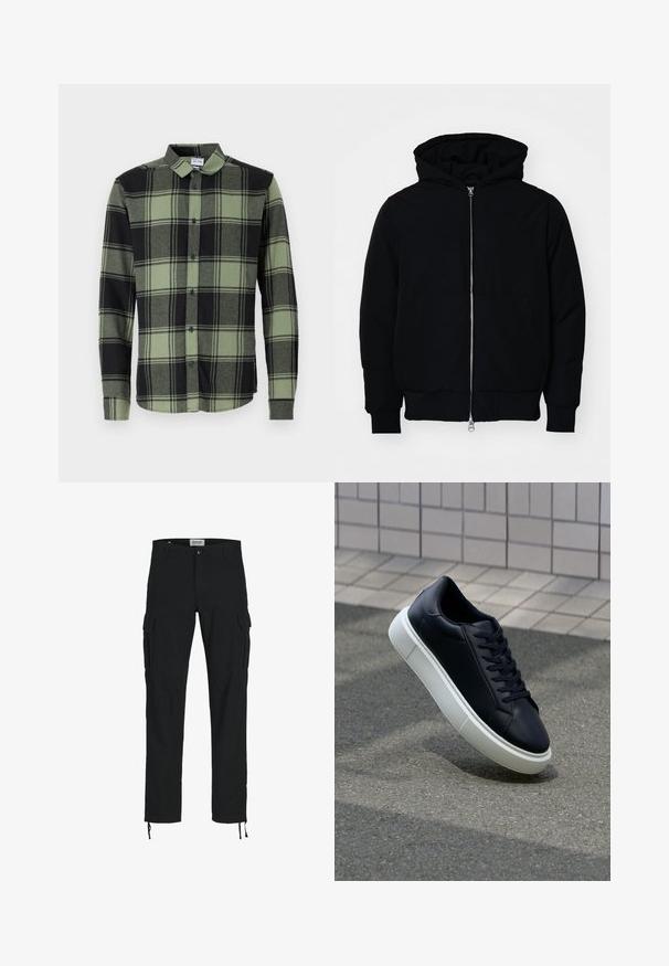 Juodas gobtuvėlis su priekiniu užtrauktuku, kengūros tipo kišene, lygiais rankogaliais ir apvadu, pateiktas ant vientiso balto fono.; Tamsiai žalia ir juoda languota mygtukų marškinėlių palaidinė su ilgomis rankovėmis, turinti klasikinį apykaklę ir mėlynus mygtukus. Minkšta, tekstūruota medžiaga.; Juodos krovinių kelnės su tiesiu kirpimu, turinčios šonines kišenes, sagų užsegimą ir elastingas raišteles kulkšnose. Pagamintos iš tvirto audinio.; Juodas odinis sportbačius su apvaliu pirštu ir baltu gumuotu padu. Turi plokščias raišteles ir minimalų siuvimą viršuje. Padangos tekstūra užtikrina sukibimą.