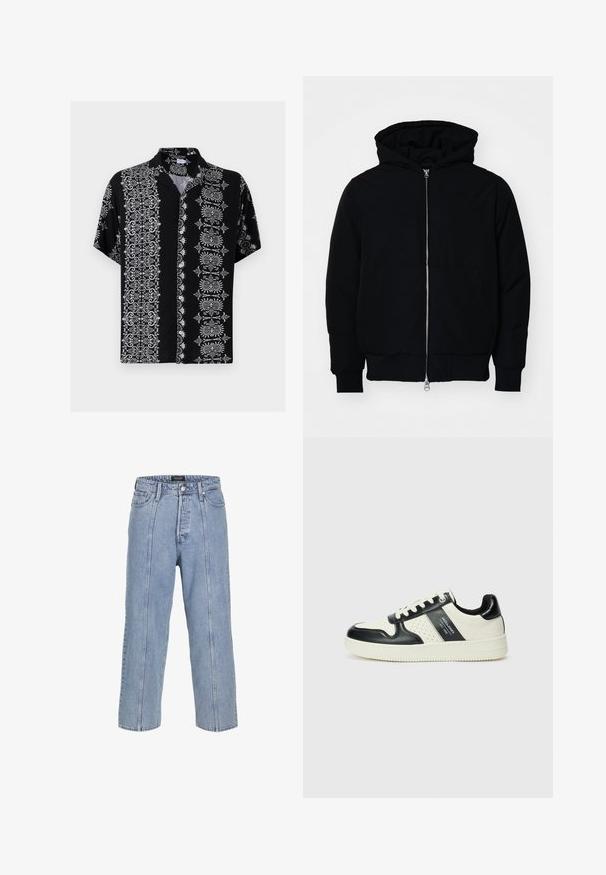 Melna kapucēta jaka ar priekšējo rāvējslēdzēju, kenguru kabatu, ribinātām aprocēm un apakšmalu, parādīta uz vienkārša balta fona.; Īsās piedurknes pogājama krekla melnā audumā, kas abās pusēs izceļas ar sarežģītiem baltiem ziedu un dekoratīviem rakstiem, kā arī ar apkakli.; Gai zilos džinsus ar brīvu piegriezumu, platām kājām un redzamām šuvēm. Iespējams, pogu un rāvējslēdzēja aizdare, pieci kabatas.; Ādas sporta apavi ar melnbaltu krāsu shēmu, ar perforētiem akcentiem, mīkstinātu apkakli un teksturētu zoli.