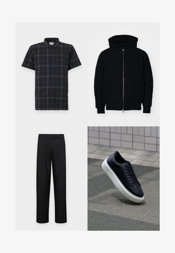 Fekete kapucnis dzseki elülső cipzárral, kenguruzsebbel, bordázott mandzsettákkal és aba, egy sima fehér háttér előtt.; Rövid ujjú, fekete gombos ing texturált anyagból, fehér rácsos mintával és hegyes gallérral.; Fekete nadrág sima anyagból, egyenes szárú fazonnal, két elülső redővel és közönséges derékkal, övhurkokkal.; Fekete bőr sportcipő lekerekített orral és fehér gumitalppal. Lapos fűzőkkel és minimális varrásokkal rendelkezik a felsőrészén. Mintás talp a tapadásért.