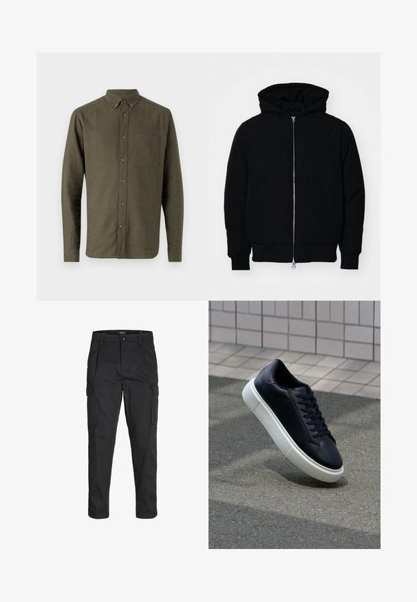 Jachetă neagră cu glugă, cu fermoar în față, buzunar tip kangaroo, mansete și tiv ribbed, prezentată pe un fundal alb simplu.; Cămașă verde măsliniu, cu nasturi, mâneci lungi, guler mic, un singur buzunar la piept, țesătură texturată, închidere frontală cu nasturi.; Pantaloni cargo negri dintr-un material rezistent, cu multiple buzunare, închidere cu nasture și un design slim fit cu picioare conice.; Tenis cu piele neagră, cu vârful rotund și talpă din cauciuc alb. Are șireturi plate și cusături minime pe suprafață. Tălpile texturate oferă aderență.