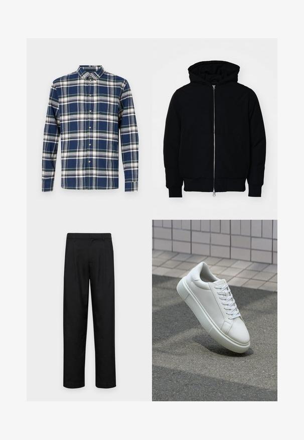 Veste à capuche noire avec fermeture éclair sur le devant, poche kangourou, poignets et ourlet côtelés, présentée sur un fond blanc uni.; Chemise à carreaux bleu marine, vert et blanc. Manches longues, col boutonné, boutonnière à l'avant et poche poitrine gauche. Tissu en coton.; Pantalons noirs en tissu lisse, avec une coupe droite, deux plis avant et une taille standard avec passants de ceinture.; Baskets en cuir blanc avec une surface lisse, bout rond et lacets plats blancs. Présentent une semelle en caoutchouc texturée et des éléments de design minimalistes.