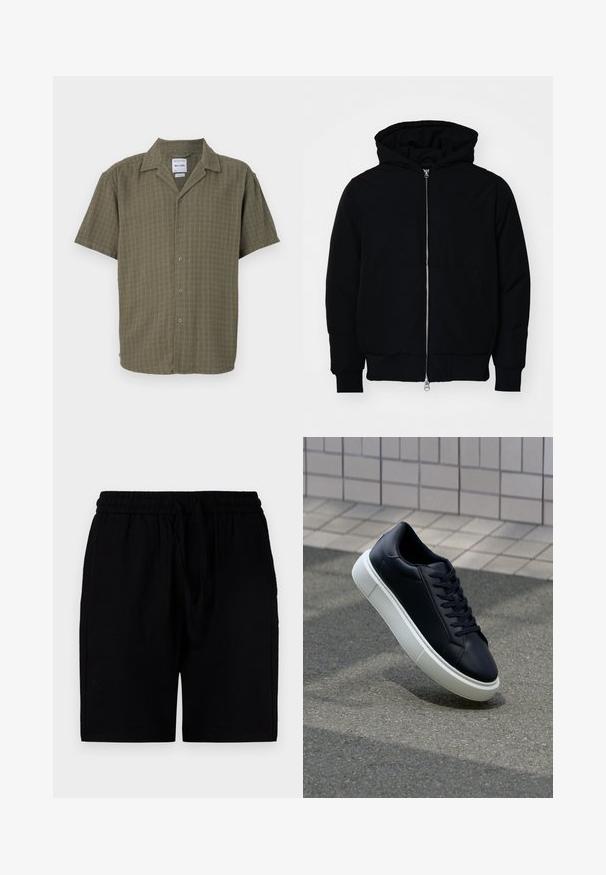 Mustaga kapuutsiga jakk, millel on esineed, kenguru tasku, soonikkoes, ja alläär, esitatud lihtsal valgel taustal.; Lühikeste varrukatega särk oliivirohelises toonis, millel on tekstureeritud muster, nupuvajutusega esiosa ja klassikaline krae. Valmistatud pehmest, hingavast kangast.; Kerged mustad lühikesed püksid, mis on valmistatud kergest materjalist, elastse vöökoha ja nööriga, küljetaskudega ning mugava lõikega.; Mustast nahast tennisetoss, millel on ümar nina ja valge kummist tall. Omab siredaid paelu ja minimaalset õmblemist ülemises osas. Tekstuuriga tald, mis tagab haakuvuse.