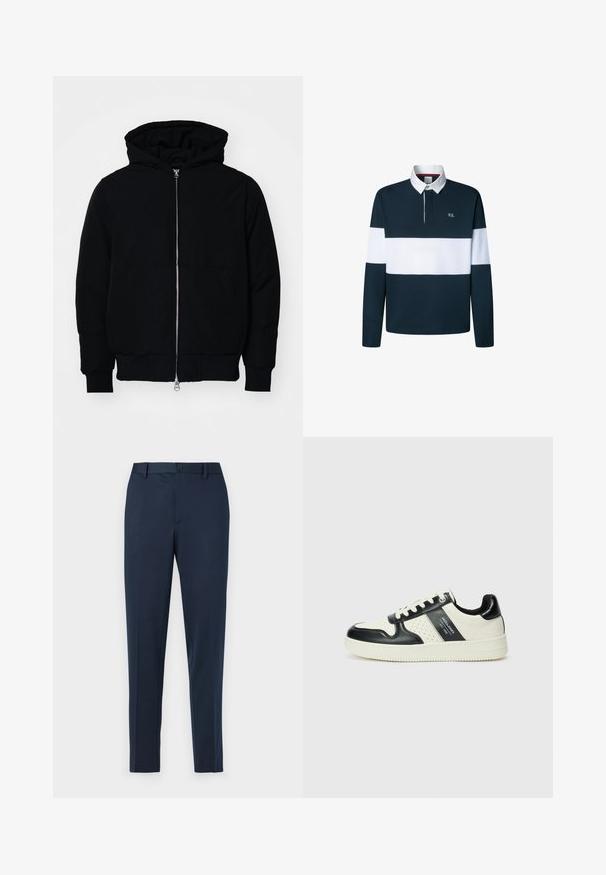 Fekete kapucnis dzseki elülső cipzárral, kenguruzsebbel, bordázott mandzsettákkal és aba, egy sima fehér háttér előtt.; Tengerészkék és fehér hosszú ujjú póló ing, galléros nyakkal, kontrasztos csíkokkal és kis hímzett logóval a mellen.; Tengerészkék, egyenes szabású, testre szabott nadrág, gombos záródással és övhurkokkal. Simább, könnyű anyagból készült.; Fekete és krém színű bőrsneaker, perforált díszítésekkel, párnázott bokapánttal és texturált talppal.