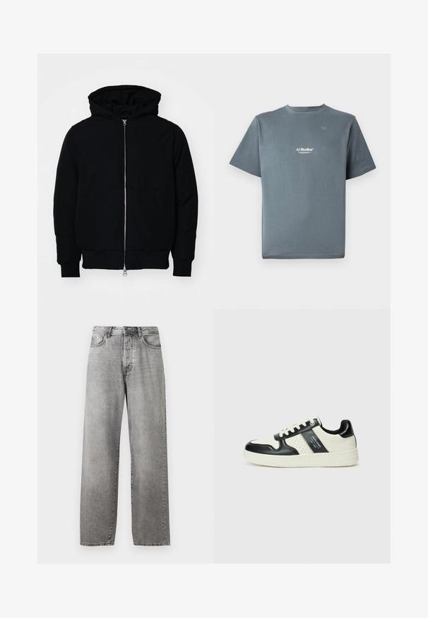 Czarna kurtka z kapturem, z suwakiem z przodu, kieszenią kangurką, ściągaczami przy mankietach i dolnym brzegu, prezentowana na jednolitym białym tle.; Szara bawełniana koszulka z okrągłym dekoltem, krótkimi rękawami i małym białym logiem "JJ Studios" na piersi. Gładka tekstura i luźny krój.; Szare dżinsowe spodnie typu wide-leg. Posiadają wysoki stan, pięć kieszeni oraz zapięcie na guzik i zamek błyskawiczny. Na tkaninie występują subtelne przetarcia.; Skórzane sneakersy w czarno-kremowym schemacie kolorystycznym, z perforowanymi akcentami, wyściełanym kołnierzem i teksturowaną podeszwą.