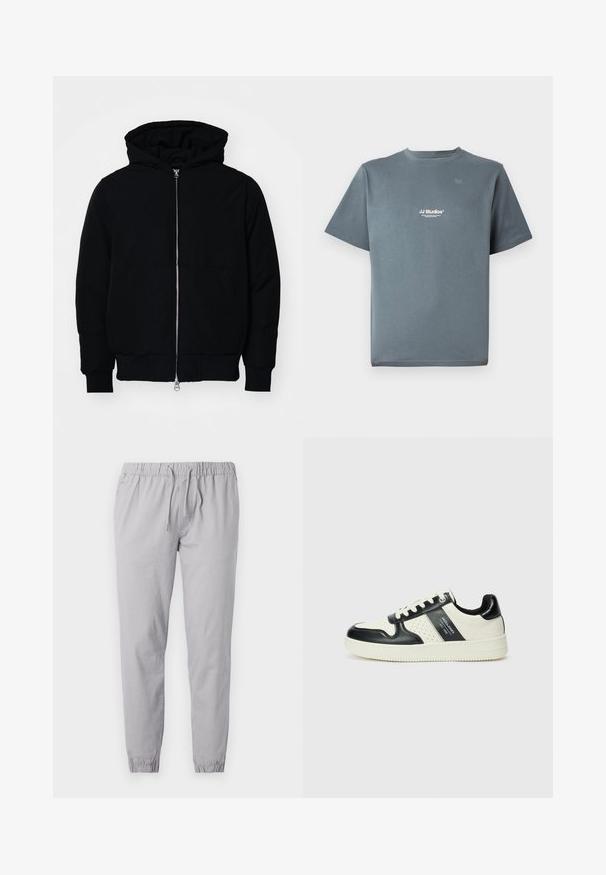 Black hooded jacket with front zipper, kangaroo pocket, ribbed cuffs, and hem, displayed on a plain white background.; Gray cotton t-shirt with a crew neck, short sleeves, and a small white "JJ Studios" logo on the chest. Smooth texture and relaxed fit.; Light gray jogger pants made of soft fabric, featuring an elastic waistband with a drawstring, and tapered cuffs with a gathered finish.; Leather sneakers with a black and cream color scheme, featuring perforated accents, a padded collar, and a textured outsole.