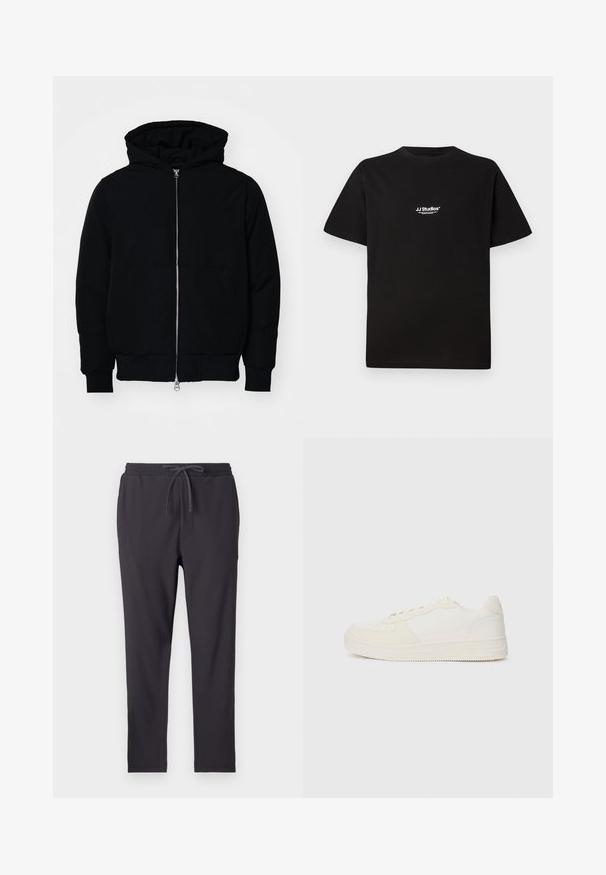 Svart hettejakke med frontglidelås, kengurulomme, ribbestrikket mansjetter og søm, vist på en ensfarget hvit bakgrunn.; Svart bomull T-skjorte med rund hals og korte ermer. Har en hvit "JJ Studios" logo på øvre brystområde.; Mørk grå joggebukser med elastisk linning, snøring, sidelommer og ribbet tekstur gjennom hele buksen.; Hvit sneakers med en glatt læroverdel og suedeforsterkninger. Har en perforert tå, flate lisser og en gummisåle med teksturert detaljering.