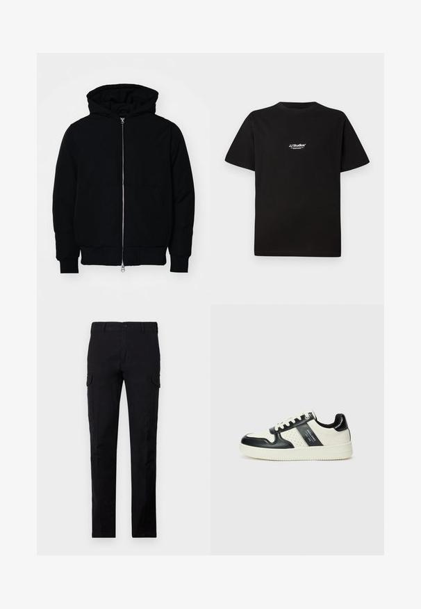Fekete kapucnis dzseki elülső cipzárral, kenguruzsebbel, bordázott mandzsettákkal és aba, egy sima fehér háttér előtt.; Fekete pamut póló kerek nyakkivágással és rövid ujjakkal. A mellkas felső részén fehér "JJ Studios" logó található.; Fekete cargo nadrág, tartós anyagból készült, normál szabású, gombos záródással és két oldalsó cargo zsebbel. Egyszerű, mintázat nélküli textúrával.; Fekete és krém színű bőrsneaker, perforált díszítésekkel, párnázott bokapánttal és texturált talppal.