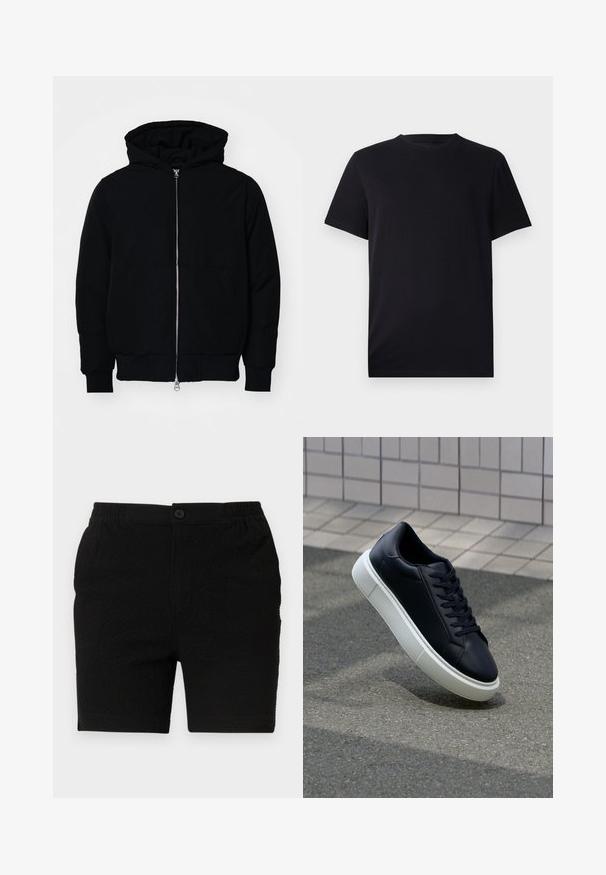Black hooded jacket with front zipper, kangaroo pocket, ribbed cuffs, and hem, displayed on a plain white background.; Black short-sleeve T-shirt made of smooth cotton, featuring a crew neckline and a classic fit without any patterns or visible hardware.; Black shorts with a textured fabric, elastic waistband, and a single button closure. Designed for casual wear with a straight cut.; Black leather sneaker with rounded toe and white rubber sole. Features flat laces and minimal stitching on the upper. Textured sole for grip.