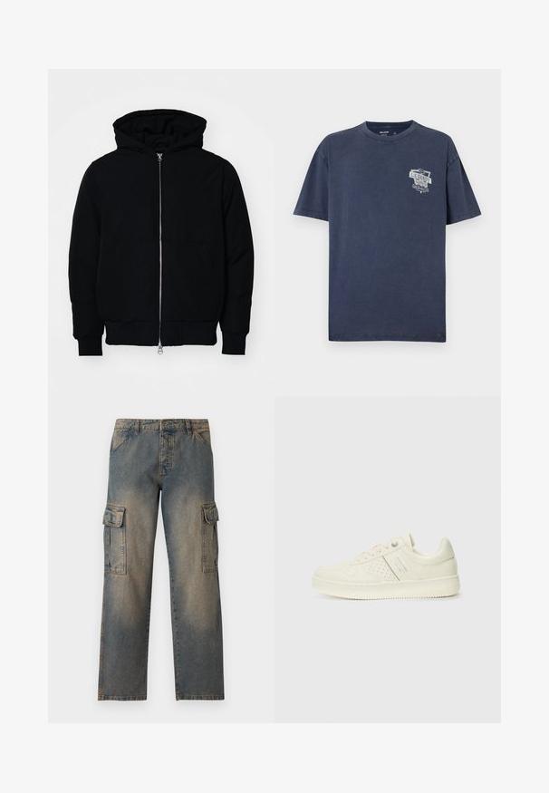 Fekete kapucnis dzseki elülső cipzárral, kenguruzsebbel, bordázott mandzsettákkal és aba, egy sima fehér háttér előtt.; Sötétkék pamut póló kerek nyakkivágással és rövid ujjal. Fehér feliratos grafikával, amelyen az szerepel: „Lil Sandy Barbecue”.; Farmernadrág, elhalványult kék színben, laza fazonban, két nagy oldalsó zsebbel, varrott varrásokkal és klasszikus derékpánt designnal.; Krém színű sneaker perforált részletekkel, fűzőkkel és logóval az oldalán, egy sima fehér háttér előtt kiállítva.