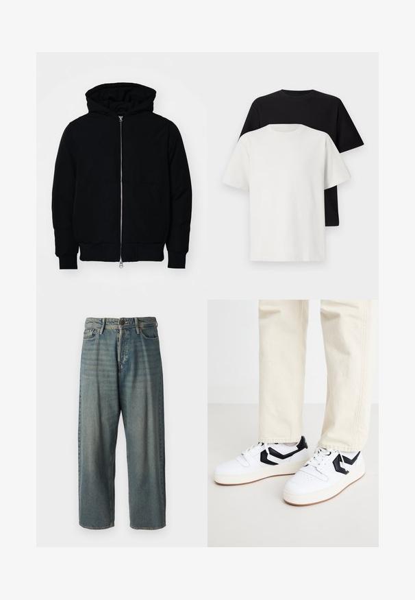Black hooded jacket with front zipper, kangaroo pocket, ribbed cuffs, and hem, displayed on a plain white background.; Cotton t-shirt set featuring a black top and a white top, both with short sleeves, round neckline, and standard fit. Textured fabric.; Light blue denim jeans with a loose fit, mid-rise waist, and straight legs. Features five pockets, belt loops, and a button closure.; White sneakers featuring a black geometric design, textured upper, and a chunky white sole with a light brown tread.