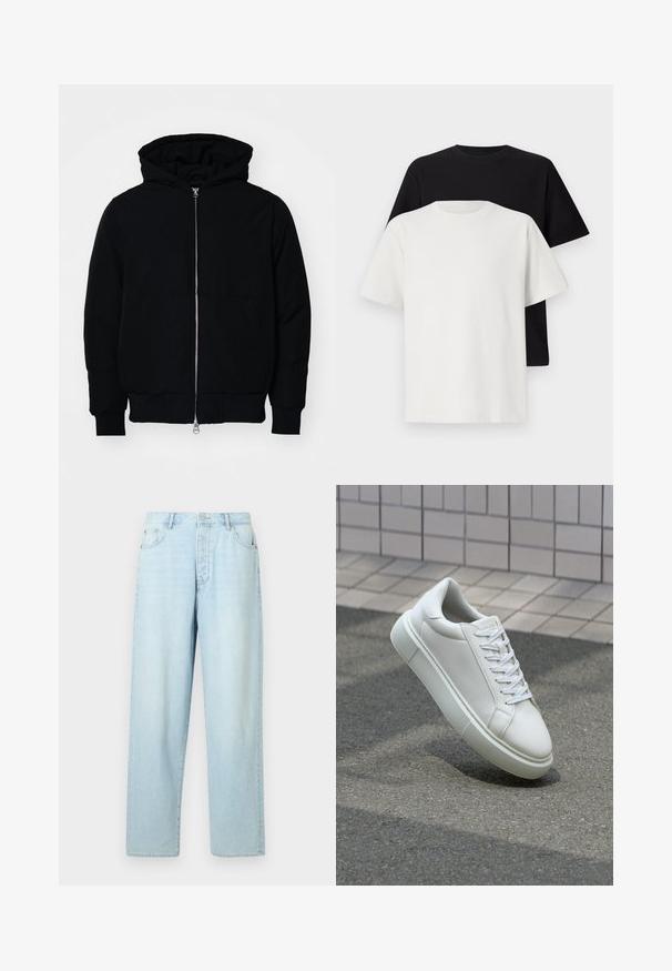 Schwarze Kapuzenjacke mit Frontreißverschluss, Kängurutasche, gerippten Bündchen und Saum, auf einem schlichten weißen Hintergrund präsentiert.; Baumwoll-T-Shirt-Set bestehend aus einem schwarzen Oberteil und einem weißen Oberteil, beide mit kurzen Ärmeln, Rundhalsausschnitt und normaler Passform. Texturiert.; Helleblaue, hochgeschnittene Jeans mit geradem Bein, aus Denim gefertigt, mit fünf Taschen und einem Knopfverschluss vorne.; Weiße Leder-Sneaker mit glatter Oberfläche, runder Zehenpartie und flachen weißen Schnürsenkeln. Verfügt über eine strukturierte Gummisohle und minimalistische Designelemente.