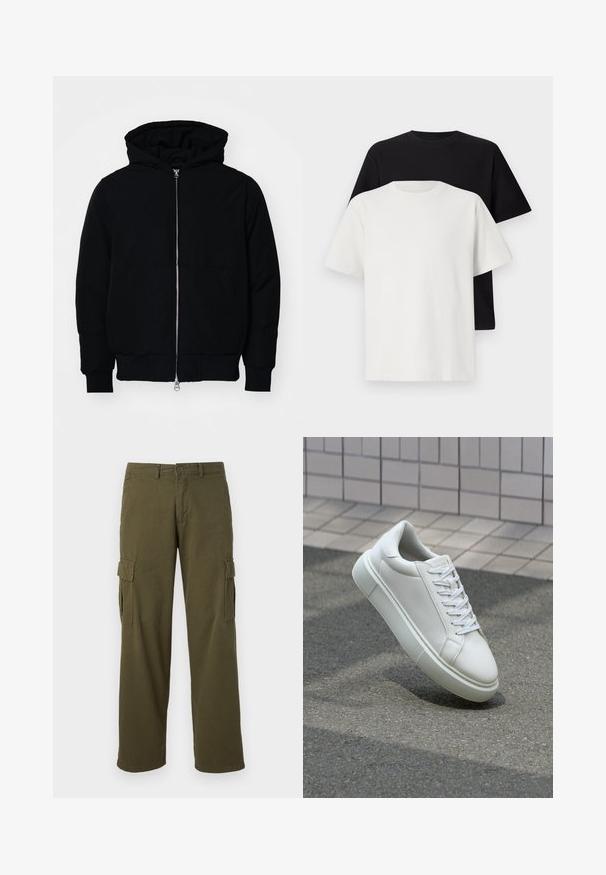Mustaga kapuutsiga jakk, millel on esineed, kenguru tasku, soonikkoes, ja alläär, esitatud lihtsal valgel taustal.; Puuvillane t-särkide komplekt, mis sisaldab musta ja valget särk, mõlemad lühikeste varrukatega, ümmarguse kaelusega ja standardse lõikega. Tekstuuriga kangas.; Olivroheline cargo püksid sirge säärega, küljetaskud, nupuga sulgemine ja vastupidava riidest tekstuur.; Valge nahkline sneka, millel on sile pind, ümar varvas ja lame valge pael. Omab tekstuuriga kummist talla ja minimaalset kujunduselementi.