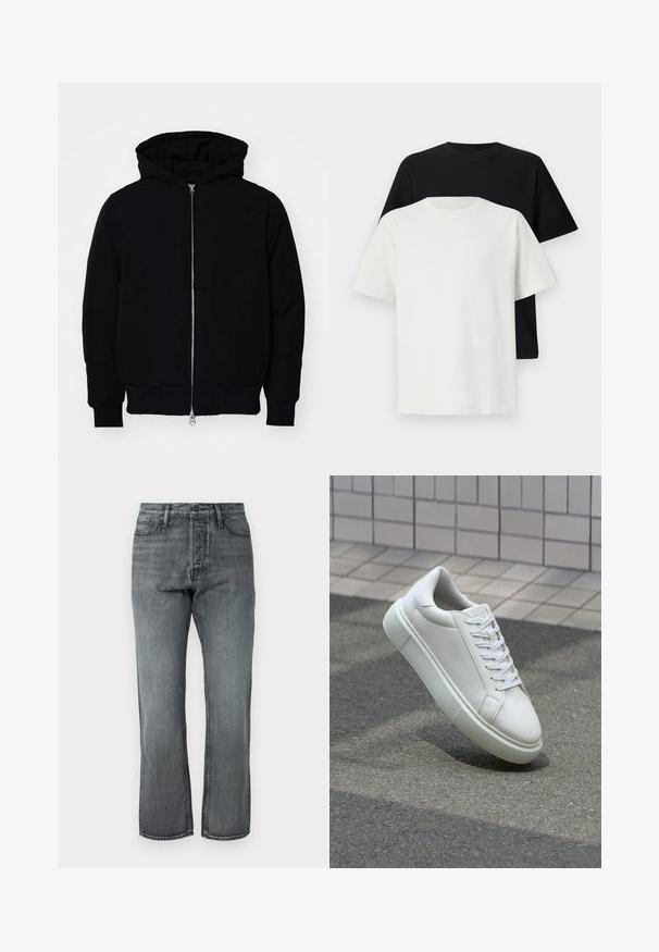 Juodas gobtuvėlis su priekiniu užtrauktuku, kengūros tipo kišene, lygiais rankogaliais ir apvadu, pateiktas ant vientiso balto fono.; Medvilniniai marškiniai, kuriuos sudaro juodas ir baltas marškinėliai, abu su trumpomis rankovėmis, apvaliu iškirpimu ir standartiniu sijonu. Tekstūruota medžiaga.; Pilkos džinsinės kelnės su tiesiu kojų siluetu, penkių kišenių stiliumi ir klasikine mygtuko uždarymo sistema, su švelniu išblukimu ir kontrastinga siuvimo linija.; Balti odiniai sportbačiai su lygiu paviršiumi, apvalia nosimi ir plokščiomis baltomis raištelėmis. Yra tekstūruotas gumos padas ir minimalizmas dizaino elementuose.