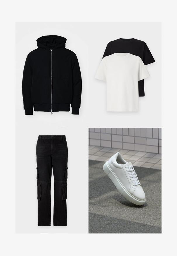 Black hooded jacket with front zipper, kangaroo pocket, ribbed cuffs, and hem, displayed on a plain white background.; Cotton t-shirt set featuring a black top and a white top, both with short sleeves, round neckline, and standard fit. Textured fabric.; Black denim trousers with a straight leg design, featuring two side cargo pockets and a classic button closure. Textured fabric with minimal fading.; White leather sneaker with a smooth surface, round toe, and flat white laces. Features a textured rubber sole and minimal design elements.