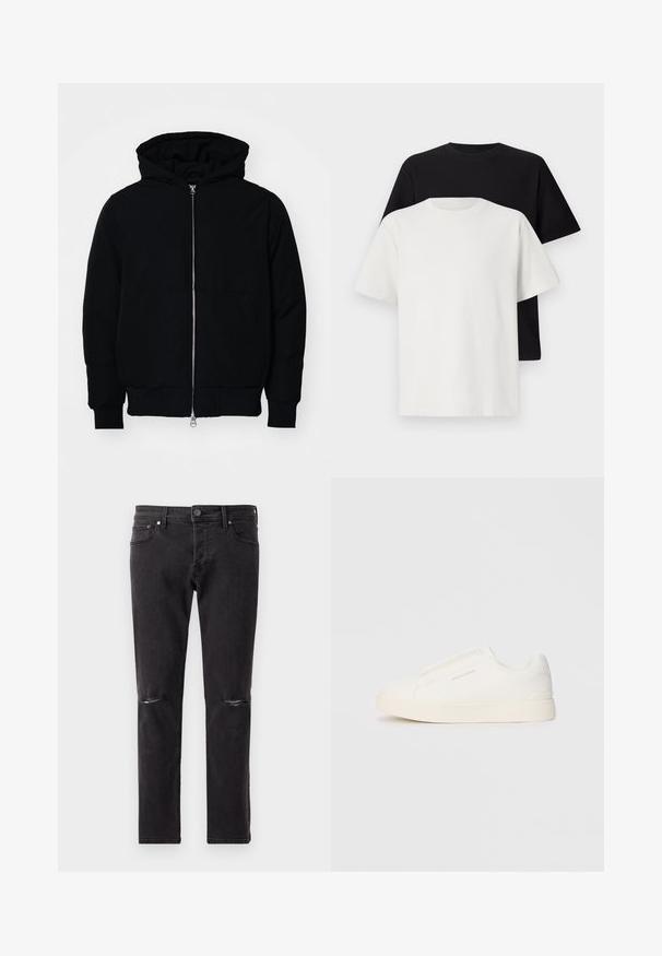 Black hooded jacket with front zipper, kangaroo pocket, ribbed cuffs, and hem, displayed on a plain white background.; Cotton t-shirt set featuring a black top and a white top, both with short sleeves, round neckline, and standard fit. Textured fabric.; Black denim jeans with a slim fit, featuring two distressed knee openings and standard five-pocket design. Soft texture, minimal hardware.; White slip-on sneakers with a textured surface, a thick sole, and minimalistic design. Features brand logo on the side.
