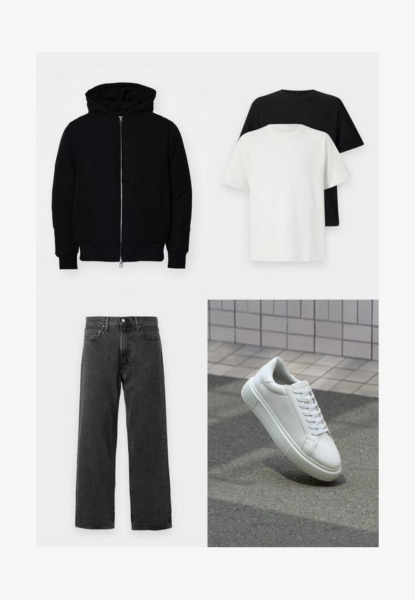 Mustat huppu-untuvatakki, jossa on vetoketju edessä, kenguru-tasku, ribatut hihansuut ja helma, esillä yksinkertaisella valkoisella taustalla.; Setti puuvillapaitoja, joissa on musta ja valkoinen paita, molemmat lyhythihaisilla, pyöreällä kaula-aukolla ja normaalilla istuvuudella. Teksturoitu kangas.; Mustat denim-farkut, joissa on suora lahje, viisi taskua ja klassinen nappikiinnitys. Materiaalissa on hienovarainen tekstuuri.; Valkoinen nahkainen lenkkari, jossa on sileä pinta, pyöreä kärki ja tasaiset valkoiset nauhat. Varustettu teksturoidulla kumi-pohjalla ja vähäisillä muotoiluelementeillä.