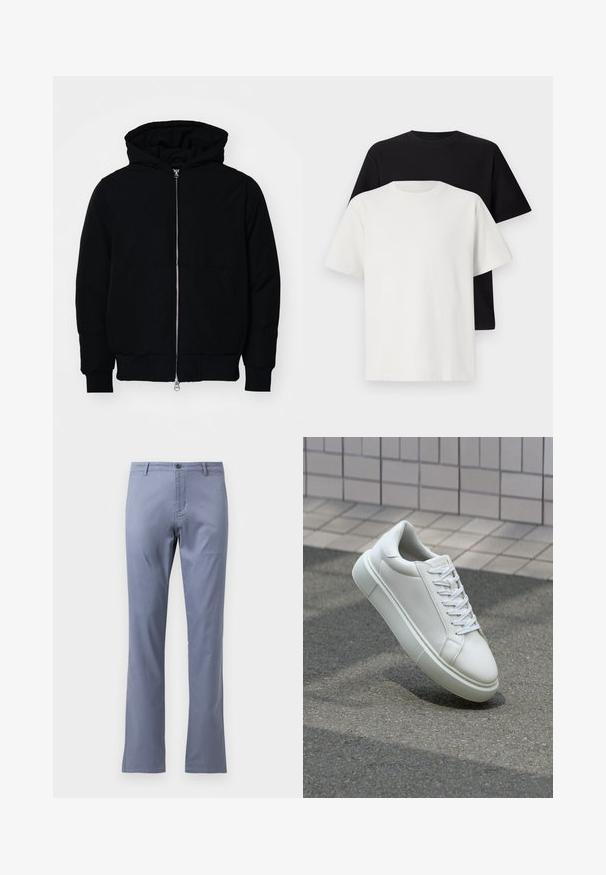 Crna kapuška jakna s prednjim zatvaračem, kenguru džepom, rebrastim manžetama i rubom, prikazana na običnoj bijeloj pozadini.; Set pamučnih majica koji uključuje crnu i bijelu majicu, obje s kratkim rukavima, okruglim izrezom i klasičnim krojem. Tekstura tkanine.; Svijetloplave pamučne hlače ravnog kroja, ravnog prednjeg dijela, s petljama za remen i jednim kopčanjem na pojasu. Nema vidljivih uzoraka.; Bijela kožna tenisica s glatkom površinom, okruglim vrhom i ravnim bijelim vezicama. Ima teksturiran gumeni potplat i minimalne dizajnerske elemente.