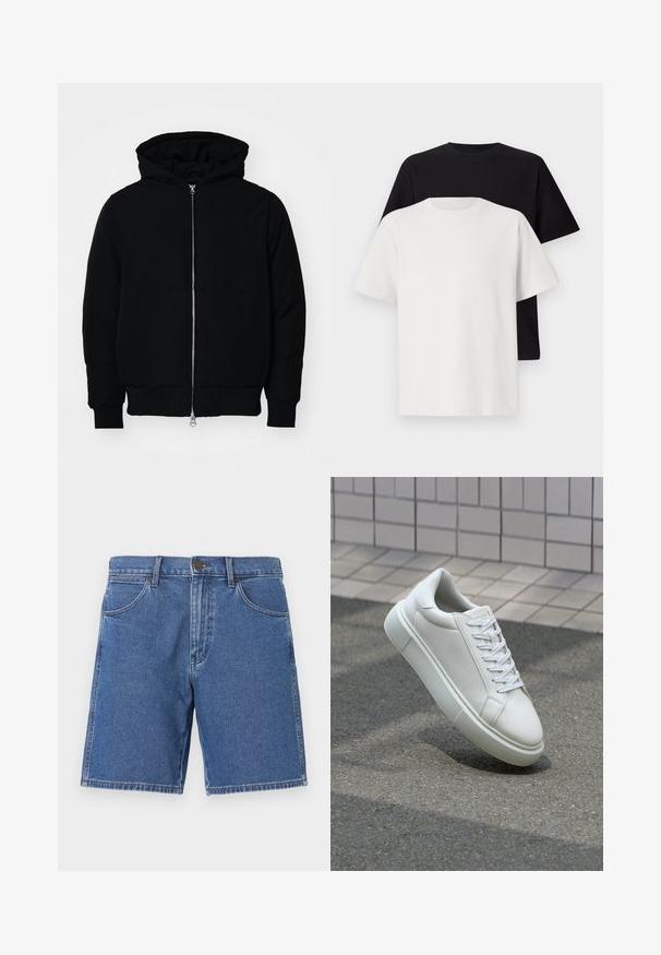 Svart hettejakke med frontglidelås, kengurulomme, ribbestrikket mansjetter og søm, vist på en ensfarget hvit bakgrunn.; Sett med bomull t-skjorter bestående av en svart topp og en hvit topp, begge med korte ermer, rund hals og standard passform. Teksturet stoff.; Denimshorts i middels blå med klassisk snitt. Har fem lommer, metallknapplukking og kontrasterende sømmer på kantene.; Hvit lær sneaker med glatt overflate, rund tå og flate hvite snøringer. Har en teksturert gummisåle og minimale design elementer.