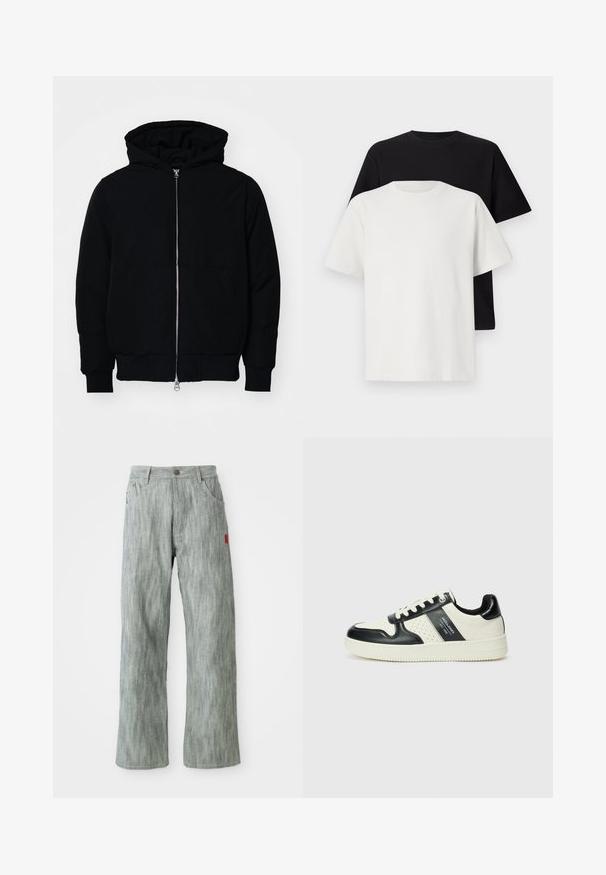Juodas gobtuvėlis su priekiniu užtrauktuku, kengūros tipo kišene, lygiais rankogaliais ir apvadu, pateiktas ant vientiso balto fono.; Medvilniniai marškiniai, kuriuos sudaro juodas ir baltas marškinėliai, abu su trumpomis rankovėmis, apvaliu iškirpimu ir standartiniu sijonu. Tekstūruota medžiaga.; Šviesiai pilkos tiesių kojų džinsinės kelnės su priekinėmis ir užpakalinėmis kišenėmis, mygtuko uždarymu ir maža raudona audinio etikete dešinėje pusėje.; Odiniai sportbačiai juodos ir kreminės spalvų schemoje, su perforuotais akcentais, paminkštinta apykakle ir tekstūruotu padu.