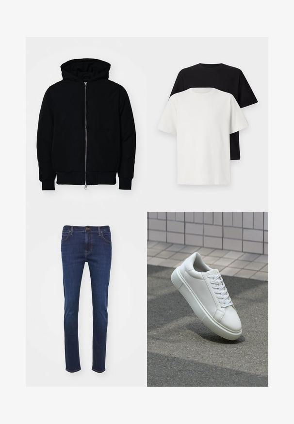 Juodas gobtuvėlis su priekiniu užtrauktuku, kengūros tipo kišene, lygiais rankogaliais ir apvadu, pateiktas ant vientiso balto fono.; Medvilniniai marškiniai, kuriuos sudaro juodas ir baltas marškinėliai, abu su trumpomis rankovėmis, apvaliu iškirpimu ir standartiniu sijonu. Tekstūruota medžiaga.; Tamsiai mėlynos džinsinės kelnės su tiesiu kirpimu, su standartinėmis kišenėmis, mygtukų užtrauktuku ir rudos siūlės akcentais.; Balti odiniai sportbačiai su lygiu paviršiumi, apvalia nosimi ir plokščiomis baltomis raištelėmis. Yra tekstūruotas gumos padas ir minimalizmas dizaino elementuose.