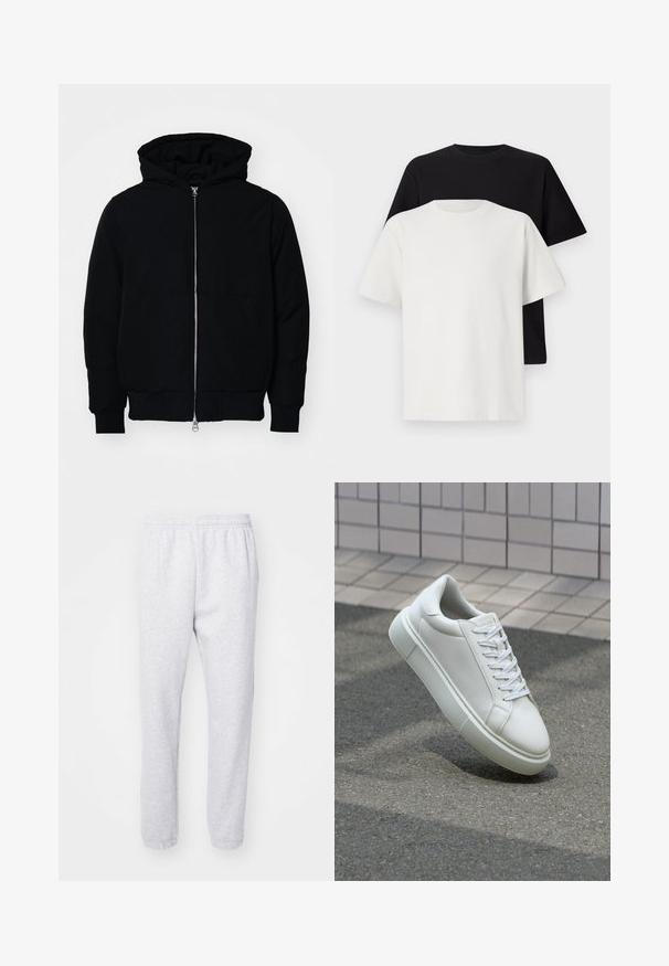 Jachetă neagră cu glugă, cu fermoar în față, buzunar tip kangaroo, mansete și tiv ribbed, prezentată pe un fundal alb simplu.; Set de tricouri din bumbac, care include un top negru și unul alb, ambele cu mâneci scurte, guler rotund și croială standard. Material texturat.; Pantaloni de trening gri deschis dintr-un amestec moale de bumbac, cu un suport elastic la talie și manșete ajustate la glezne. Fără modele sau logo-uri vizibile.; Sneaker alb din piele cu o suprafață netedă, vârf rotund și șireturi plate albe. Dispune de o talpă din cauciuc texturată și elemente de design minimale.