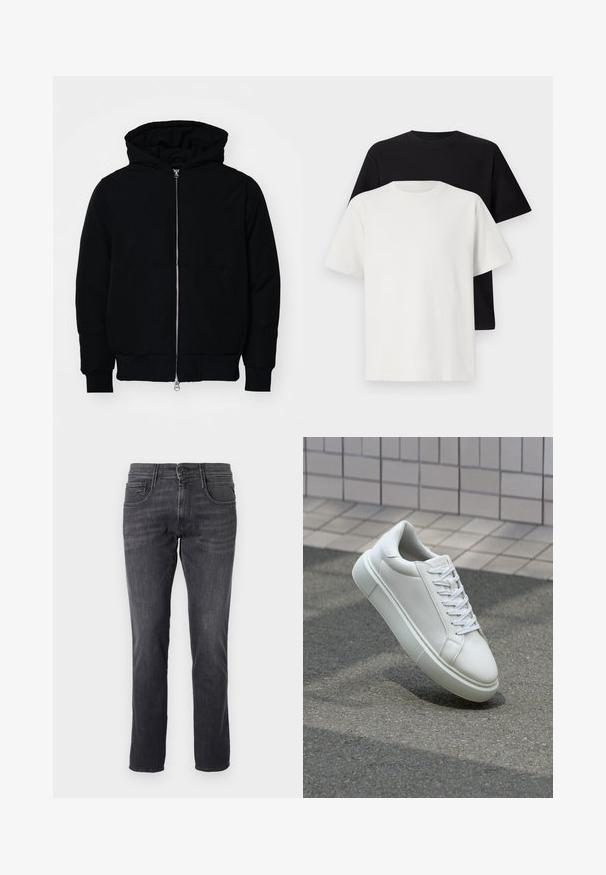 Melna kapucēta jaka ar priekšējo rāvējslēdzēju, kenguru kabatu, ribinātām aprocēm un apakšmalu, parādīta uz vienkārša balta fona.; Kokvilnas T-kreklu komplekts, kas sastāv no melna un baltā T-krekla, abi ar īsām piedurknēm, apaļu kakla izgriezumu un standarta piegriezumu. Faktūras audums.; Tumši pelēki džinsi, izgatavoti no denima, ar klasisku piecu kabatu dizainu, taisnu griezumu un metāla pogu aizdari viduklī.; Baltas ādas sporta apavi ar gludu virsmu, apaļu pirkstu un plakanām baltām šņorēm. Iezīmējas ar strukturētu gumijas zoli un minimālisma dizaina elementiem.
