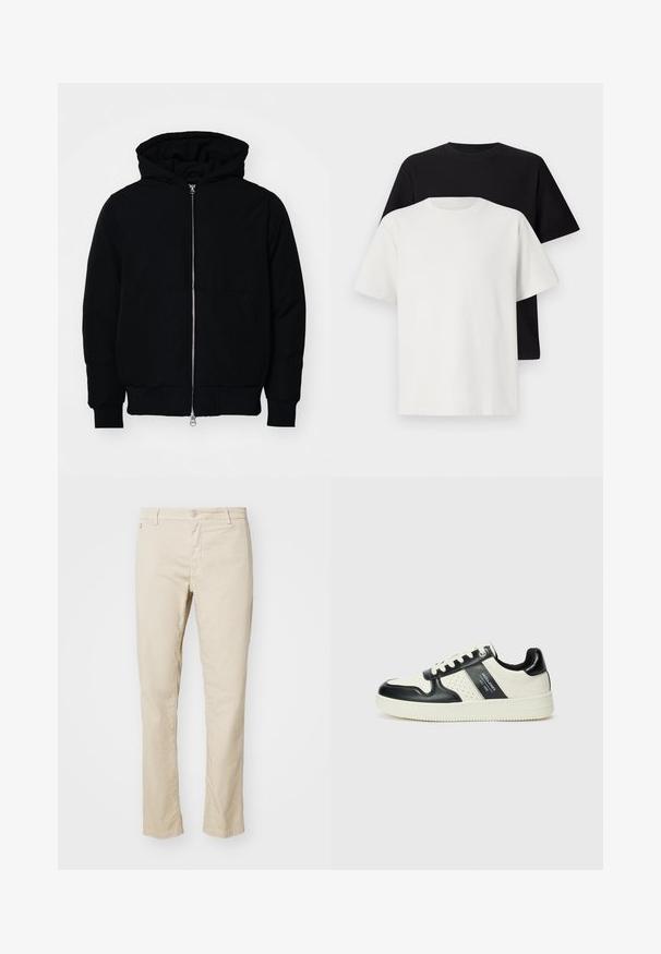 Black hooded jacket with front zipper, kangaroo pocket, ribbed cuffs, and hem, displayed on a plain white background.; Cotton t-shirt set featuring a black top and a white top, both with short sleeves, round neckline, and standard fit. Textured fabric.; Beige cotton trousers with a straight fit, featuring a button closure, front pockets, and a smooth texture.; Leather sneakers with a black and cream color scheme, featuring perforated accents, a padded collar, and a textured outsole.