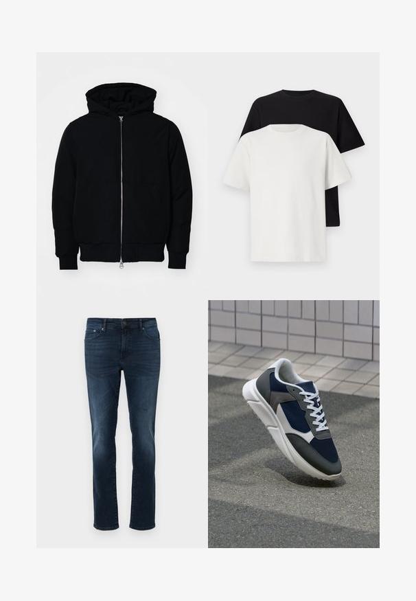Juodas gobtuvėlis su priekiniu užtrauktuku, kengūros tipo kišene, lygiais rankogaliais ir apvadu, pateiktas ant vientiso balto fono.; Medvilniniai marškiniai, kuriuos sudaro juodas ir baltas marškinėliai, abu su trumpomis rankovėmis, apvaliu iškirpimu ir standartiniu sijonu. Tekstūruota medžiaga.; Tamsiai mėlyni džinsai su tiesiu kirpimu, vidutiniu liemeniu, penkiomis kišenėmis ir siuvinėjimo detalėmis. Lygus paviršius su šiek tiek nublukusiais akcentais.; Sportiniai bateliai su tamsiai mėlynu tinkliniu viršumi, pilkais zomšiniais akcentais, balta guma padanga ir plokščiomis baltomis raištelėmis, sukurti komfortui ir oro pralaidumui.