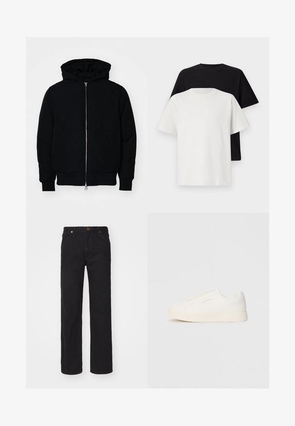 Mustat huppu-untuvatakki, jossa on vetoketju edessä, kenguru-tasku, ribatut hihansuut ja helma, esillä yksinkertaisella valkoisella taustalla.; Setti puuvillapaitoja, joissa on musta ja valkoinen paita, molemmat lyhythihaisilla, pyöreällä kaula-aukolla ja normaalilla istuvuudella. Teksturoitu kangas.; Mustat farkut, joissa on suora lahje, nappikiinnitys, viisi taskua ja kuparinväriset yksityiskohdat.; Valkoiset liukusukat, joissa on teksturoitu pinta, paksu pohja ja minimalistikot. Sivulla on brändin logo.
